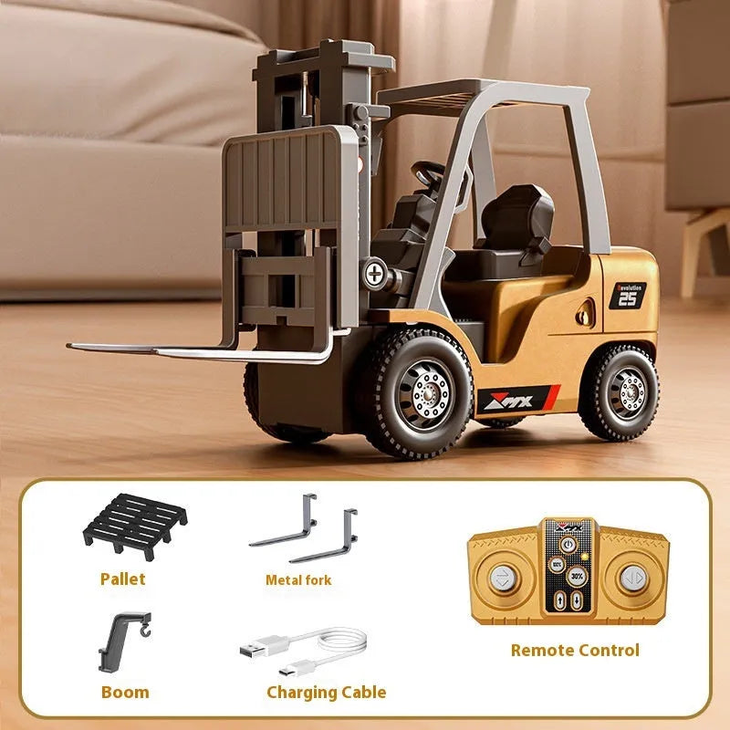 A blue 1:64 scale alloy remote control forklift model with a cargo hook and pallet on a table.
