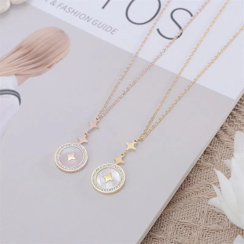 Women's titanium steel necklace with six-pointed star diamond pendant on 42cm O-ring chain