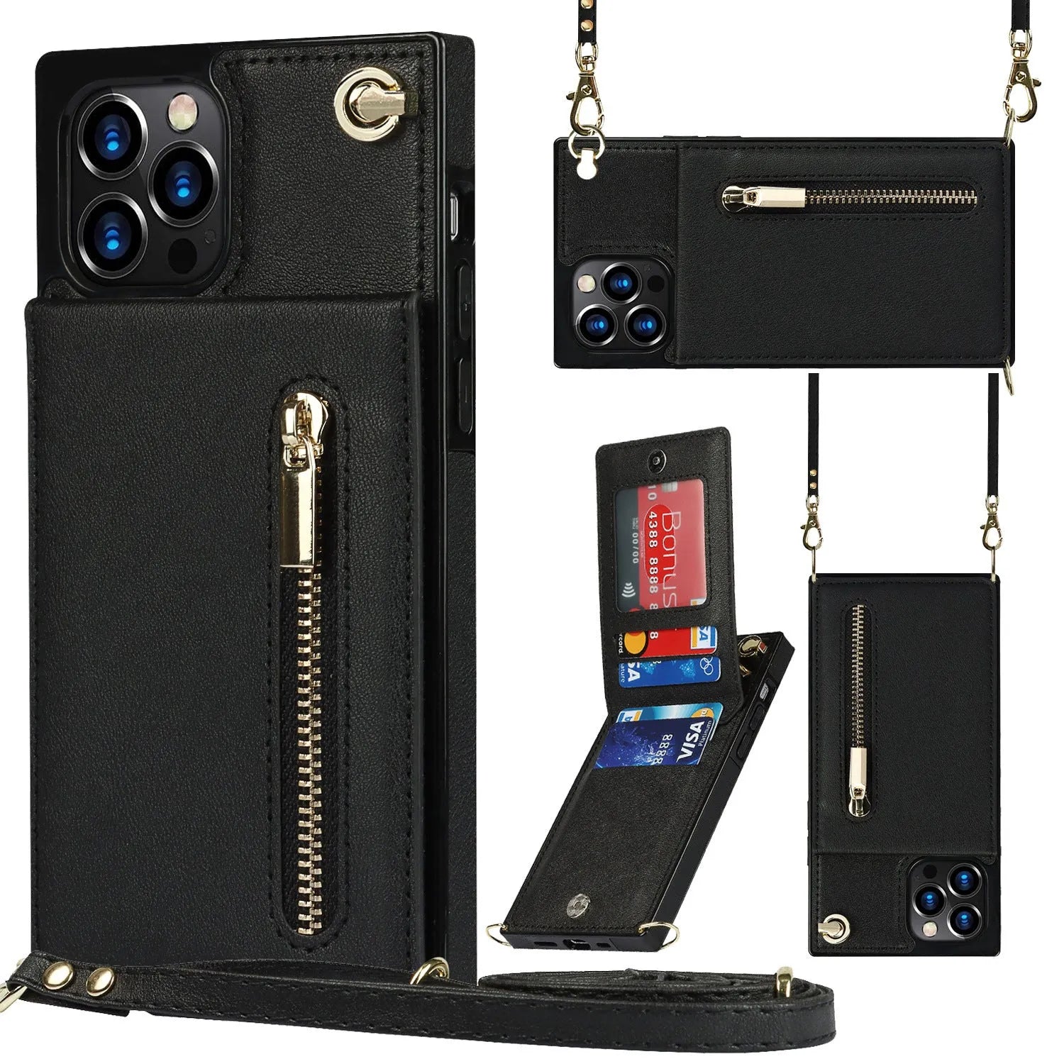 Crossbody zipper phone case for iPhone 15 Pro Max in black TPU leather with lanyard and bracket