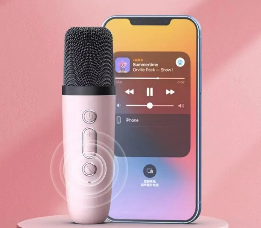 Portable Bluetooth karaoke microphone speaker in pink, sky blue, or white colour