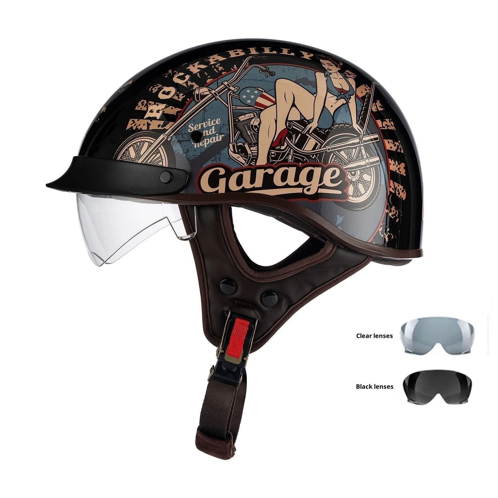Retro electric motorcycle helmet in bright black with whiskers design on side and front vents