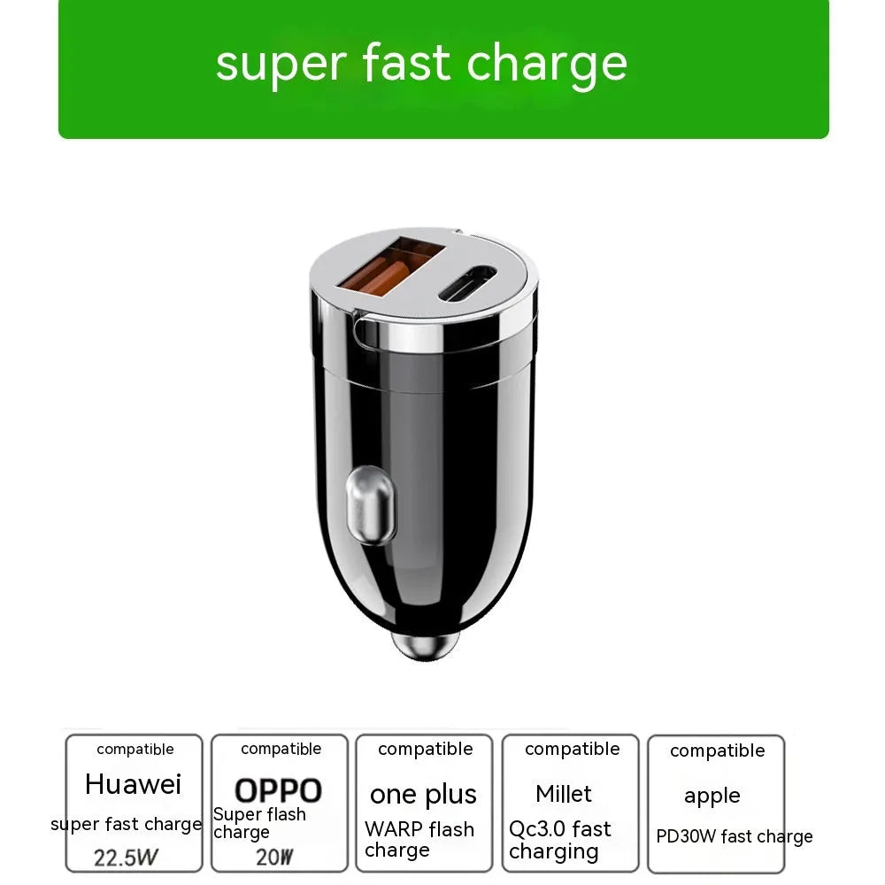 Black zinc alloy car charger with USB port, showing compact dimensions for vehicle use.