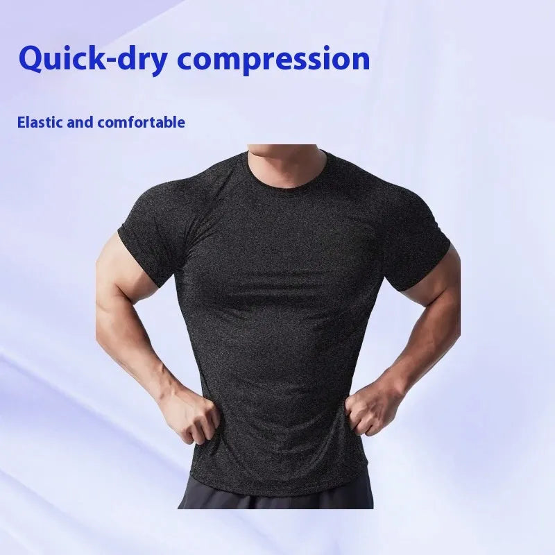 Men's casual short sleeve round neck t-shirt in black, grey, green, or pink, made from quick-dry polyester fabric.