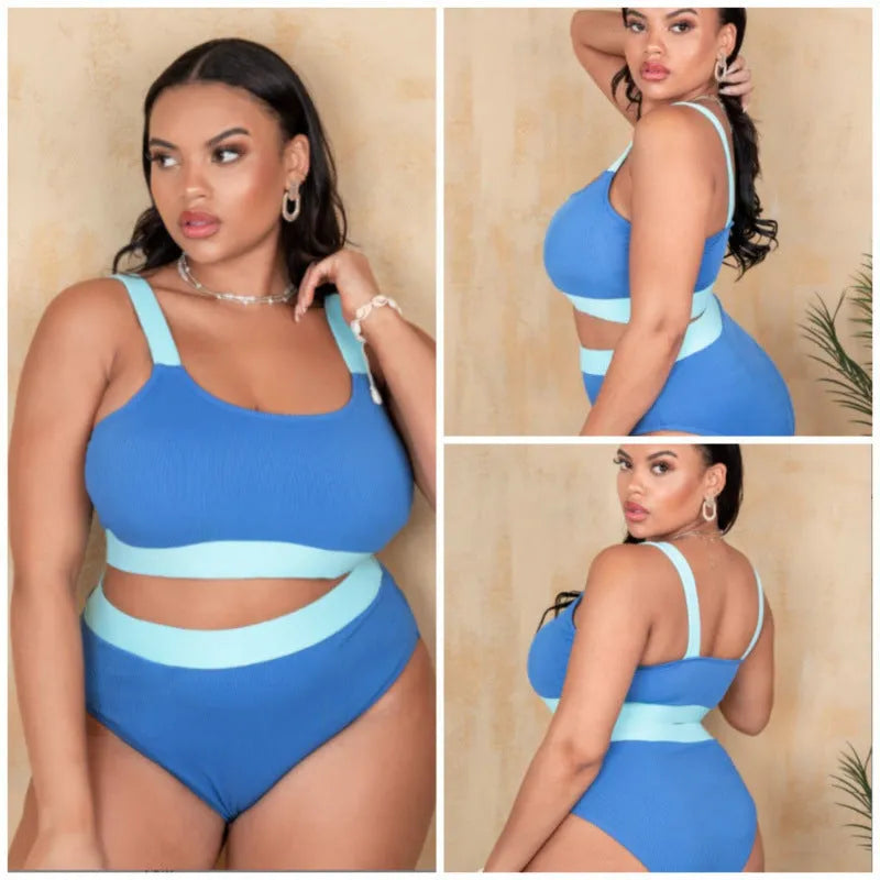 Solid colour high waisted bikini set for women in plus sizes, made from polyester fabric.