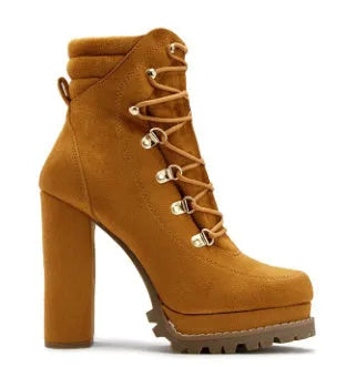 Women's suede high heel ankle boots with thick heel in army green, featuring round toe and Roman-style rivet details.