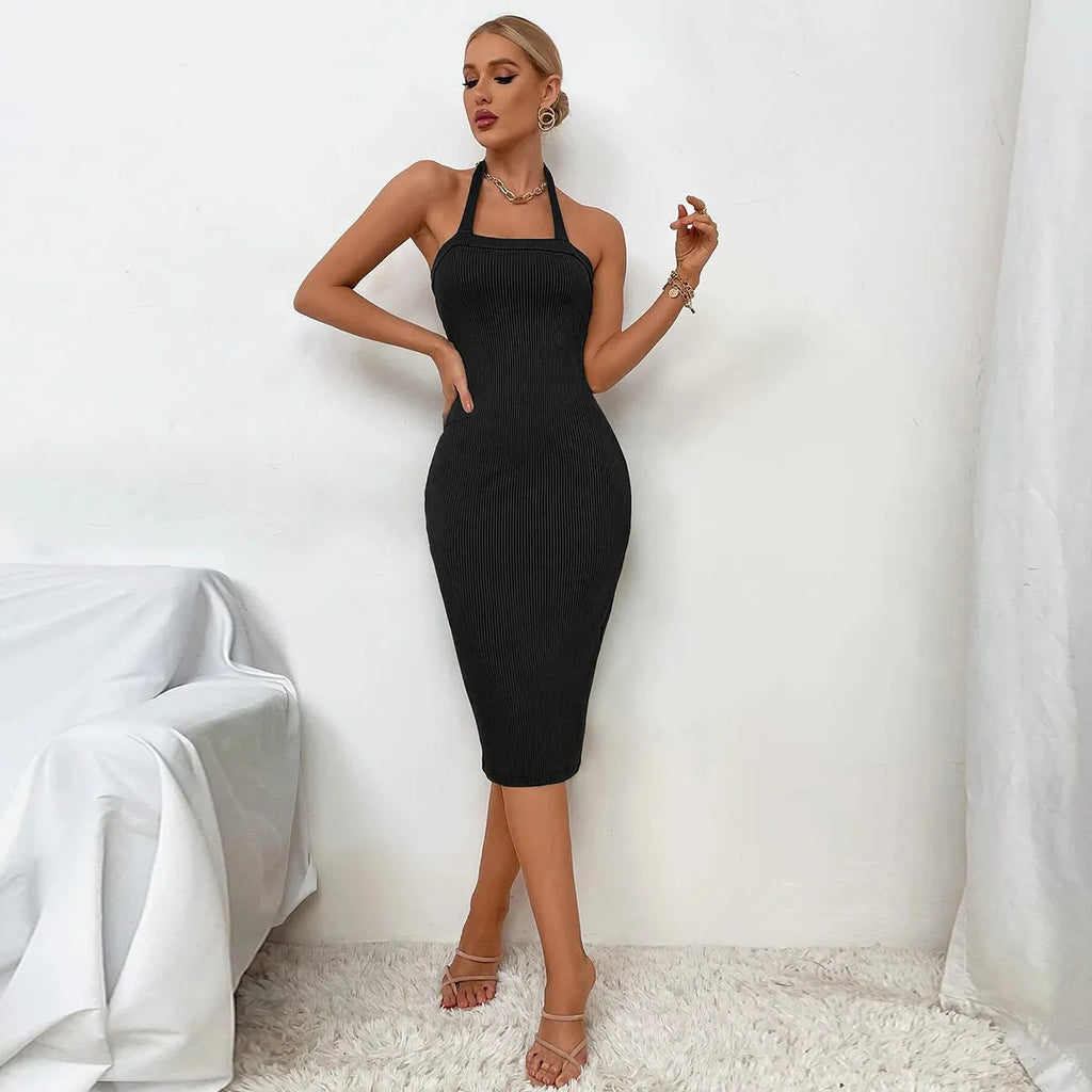 Ribbed mid-waist pencil dress with backless neck strap in green and black polyester, sizes S to XL