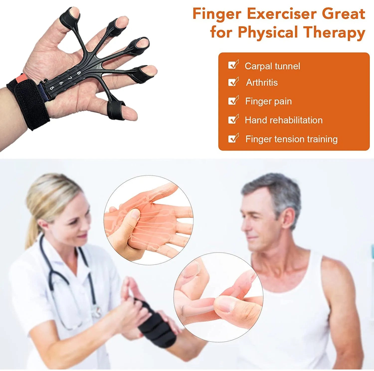 Black and grey silicone finger flexion extension trainer with adjusting belt