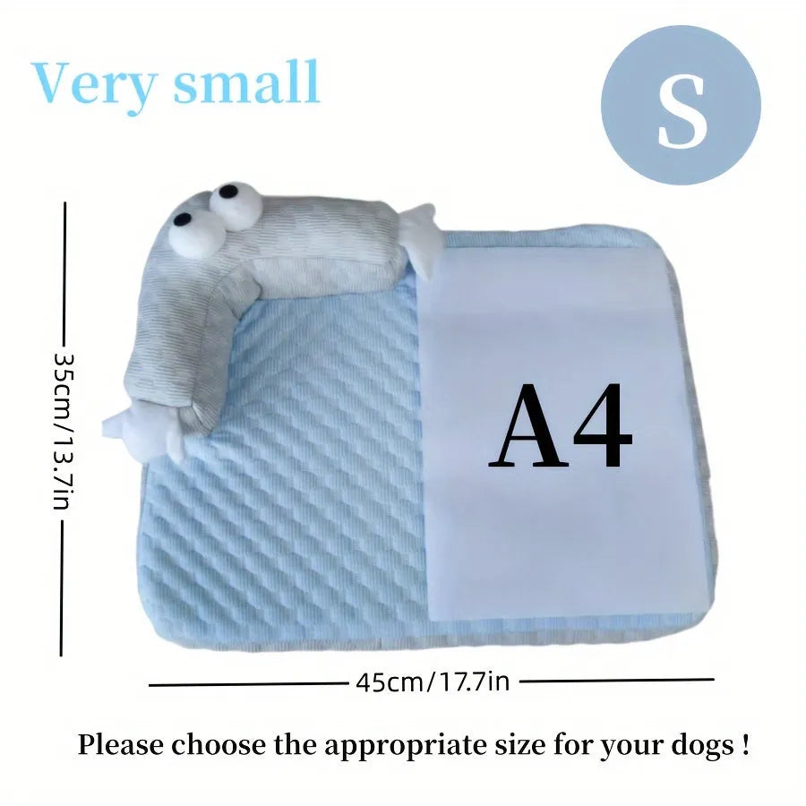 Blue big-eyed monster design pet bed cushion showing non-slip base and raised sofa style construction