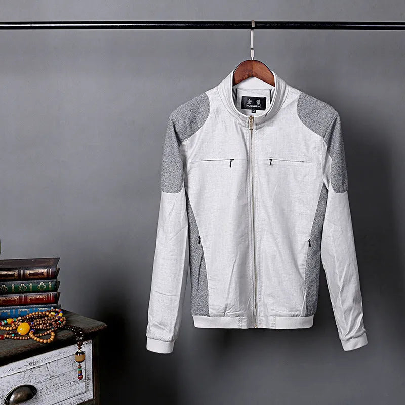 Men's lightweight cotton linen jacket in regular fit shown in blue, grass green, or heather grey colour options.