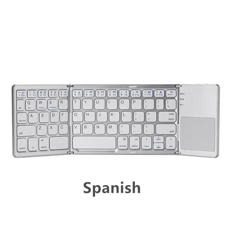 Ultra-thin black tri-fold folding Bluetooth keyboard with touchpad shown in open and closed positions