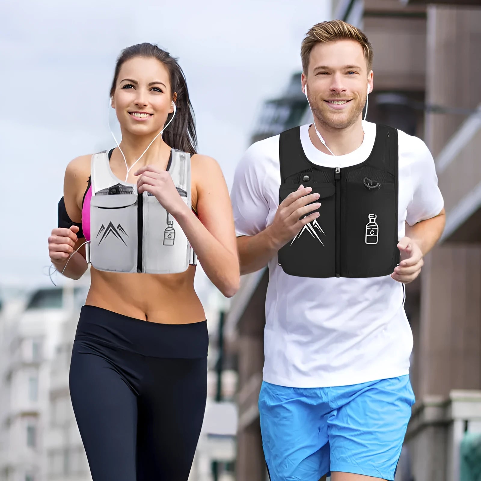 Black breathable mesh running vest with front phone pocket and optional shoulder hydration flask.