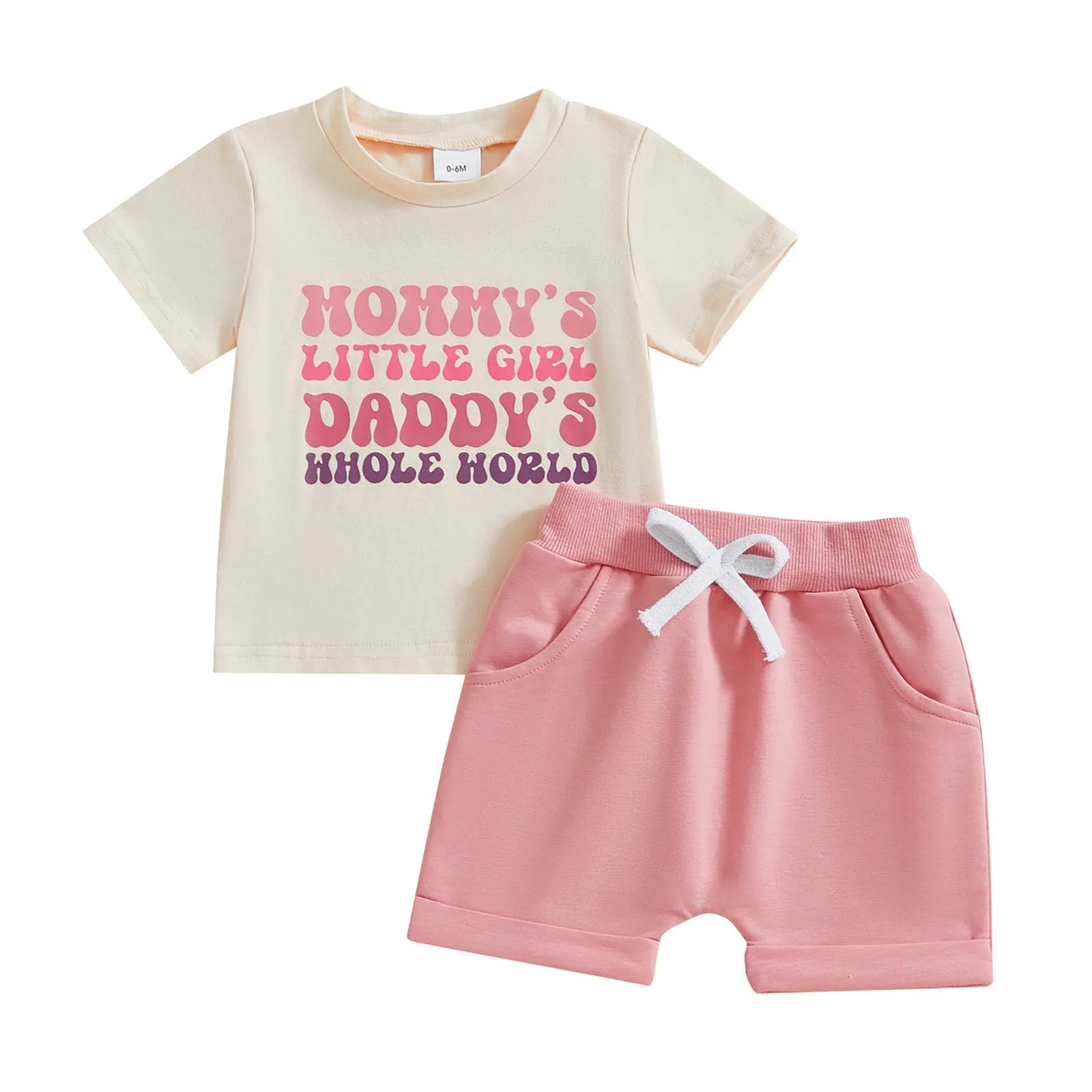 Baby girl letter print short-sleeve suit with blouse and pants in pink cotton mixed fabric