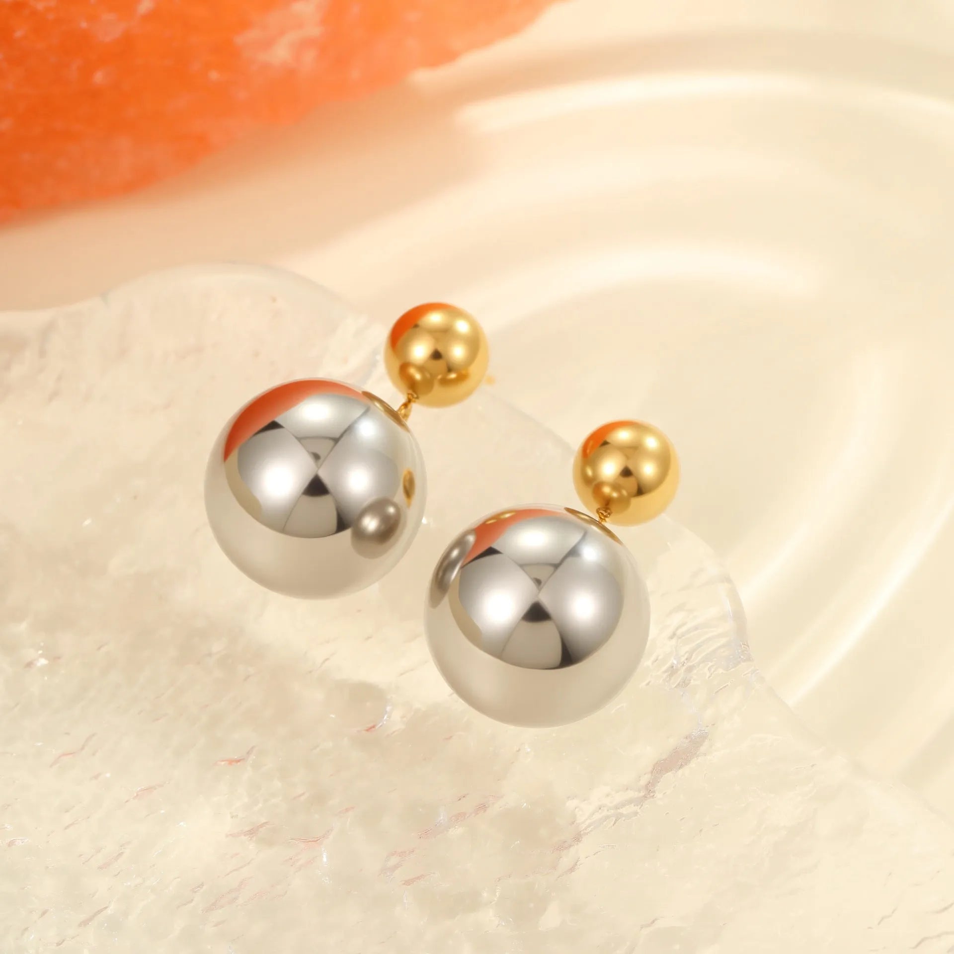 Stainless steel 18K gold electroplated colour-block round bead stud earrings geometric design