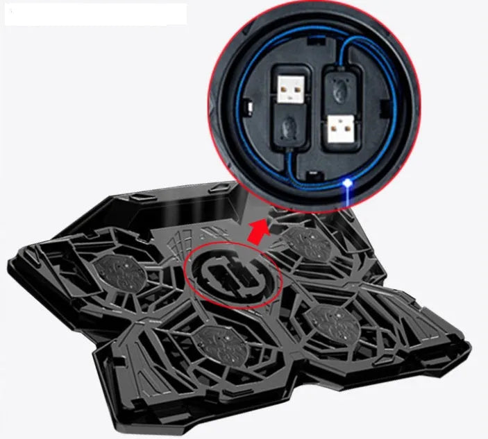 Blue laptop cooling base with four illuminated fans and manual speed controls