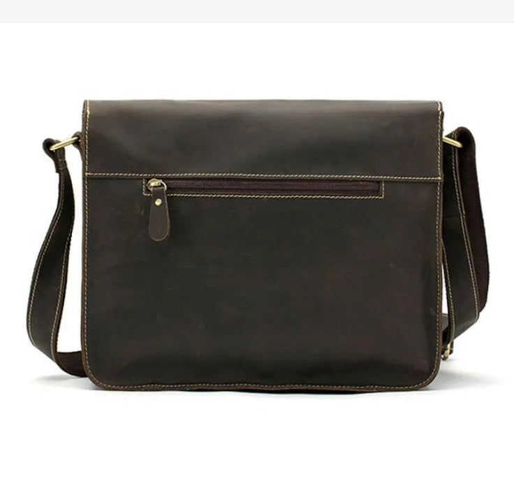 Vintage leather messenger bag with crossbody strap showing multiple compartments and available in three colour options