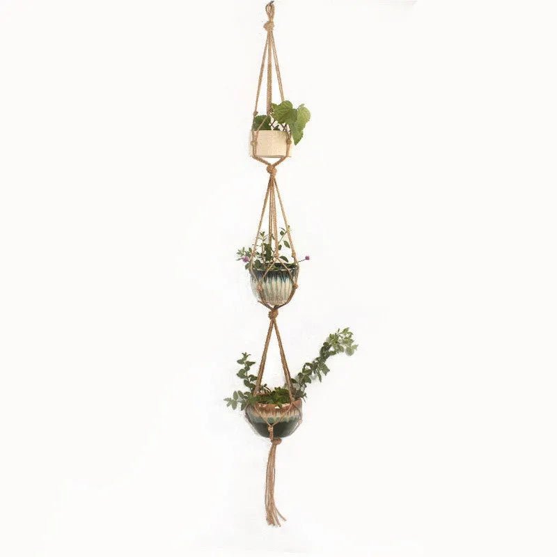Woven wire cotton rope plant hanger macramé pot holder in European American village style