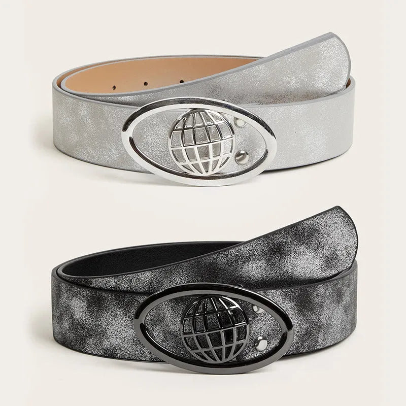 Women's retro belt with oval alloy buckle on thick 4cm PU leather in earthy or star patterned colours