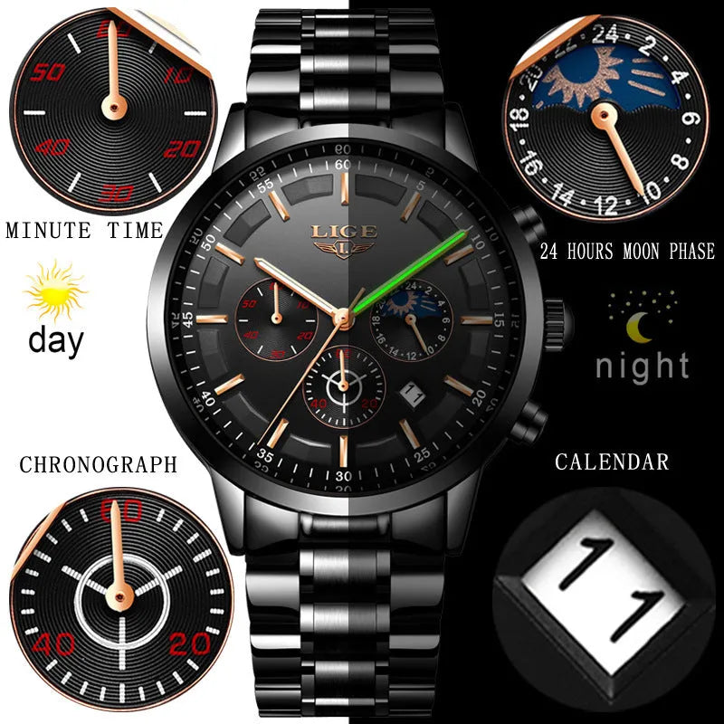 Men's waterproof quartz sports watch with 12mm case in black and rose red gold colour