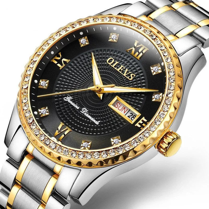 Men's 40mm quartz watch with luminous display, calendar, week indicator, stainless steel strap, round alloy case
