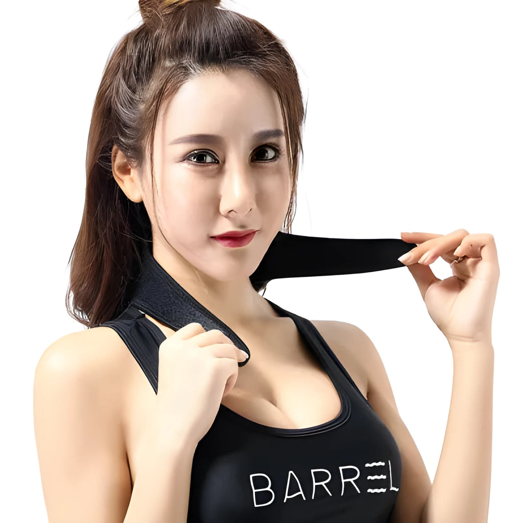 Black self-heating magnetic neck guard with adjustable shoulder strap on a grey background.