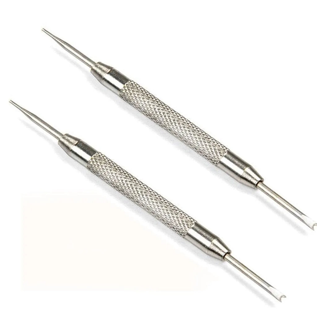 Stainless steel spring bar remover tool with V-edged and push-pin tips, 8.5cm length, on a grey background