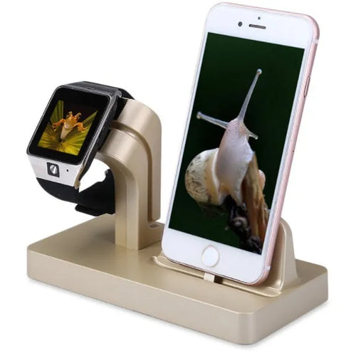 White 2-in-1 desktop charging dock holding an iPhone and an Apple Watch for simultaneous charging.