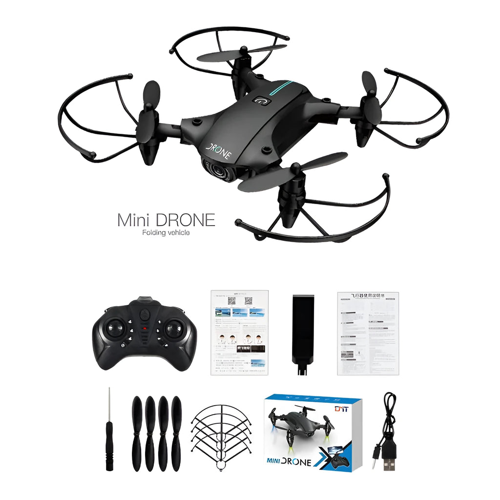 Mini folding drone with 4K camera in black, folded size 8x4x7cm, showing four rotors and remote controller