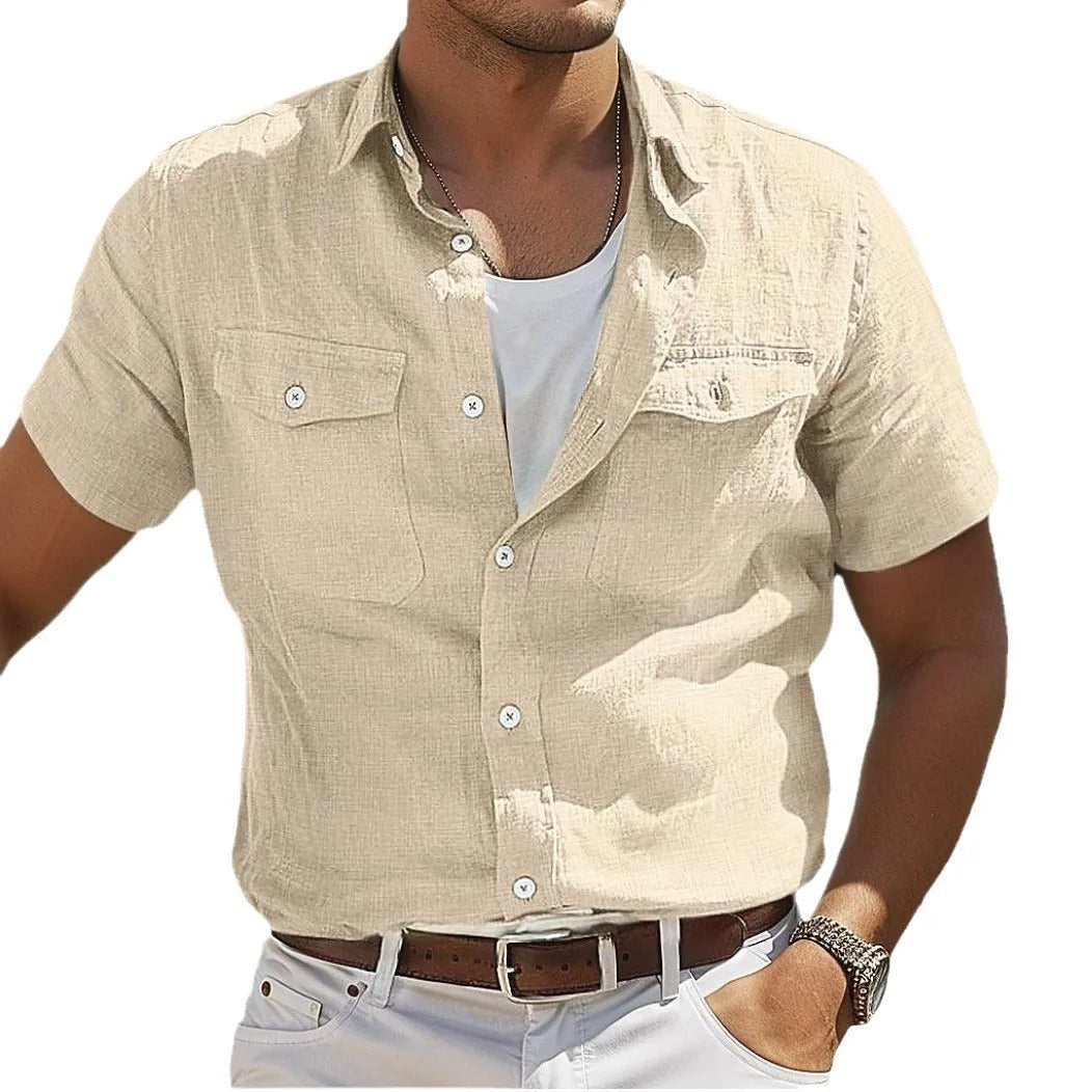 Men's linen summer shirt in cotton fabric with polo collar and long sleeves in solid colours