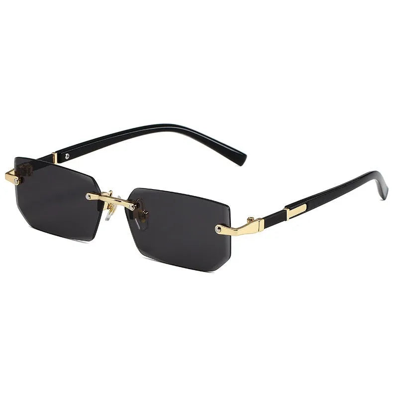 Women's rimless gold frame sun glasses with blue lenses, asymmetric style