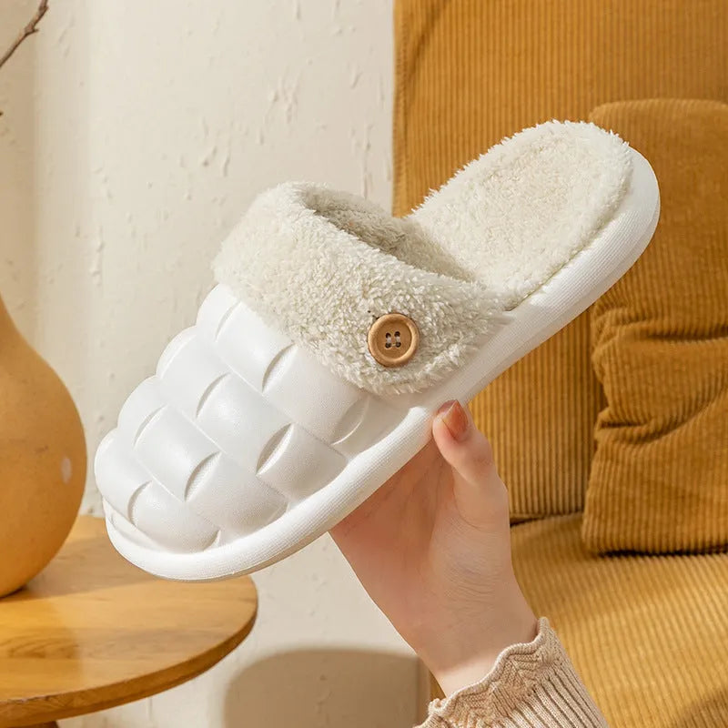 Plaid pattern detachable slippers with EVA sole and plush lining, shown in pink colour.