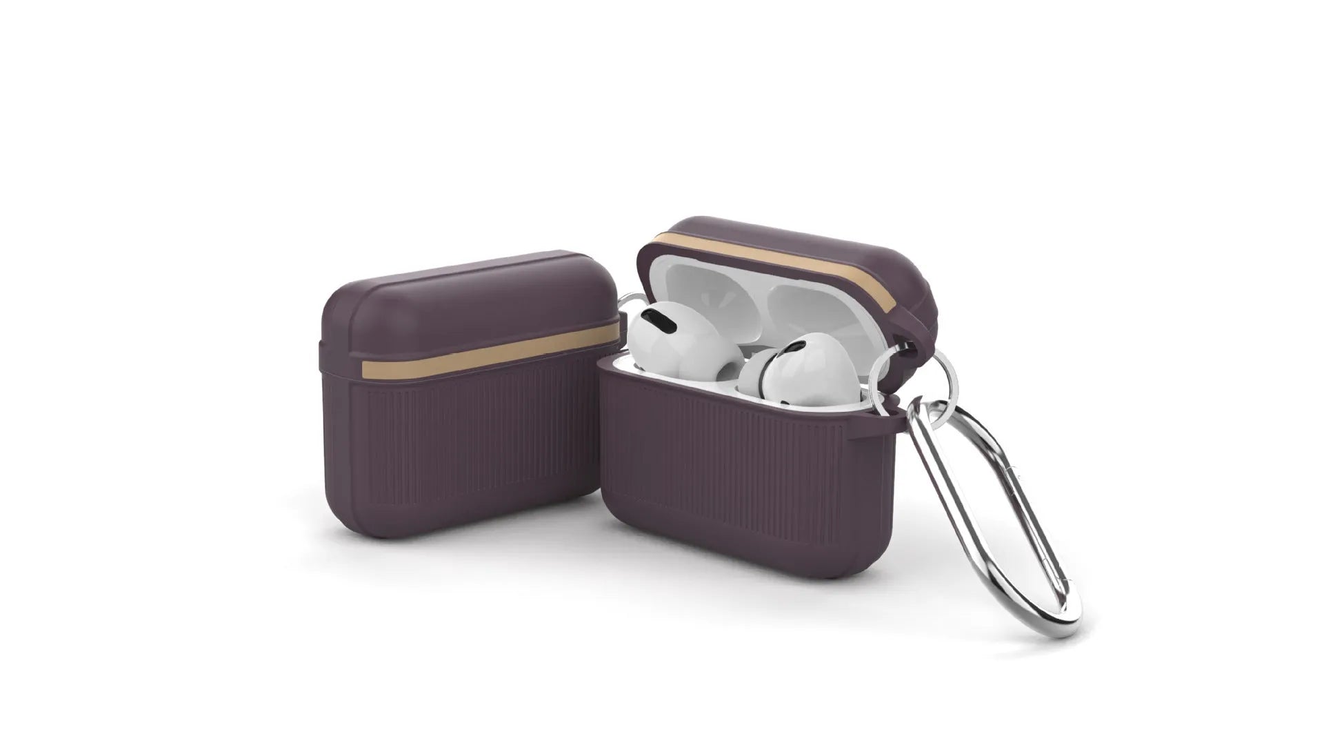 Silicone clamshell cover for Apple AirPods case in various colours, showing metal buckle.