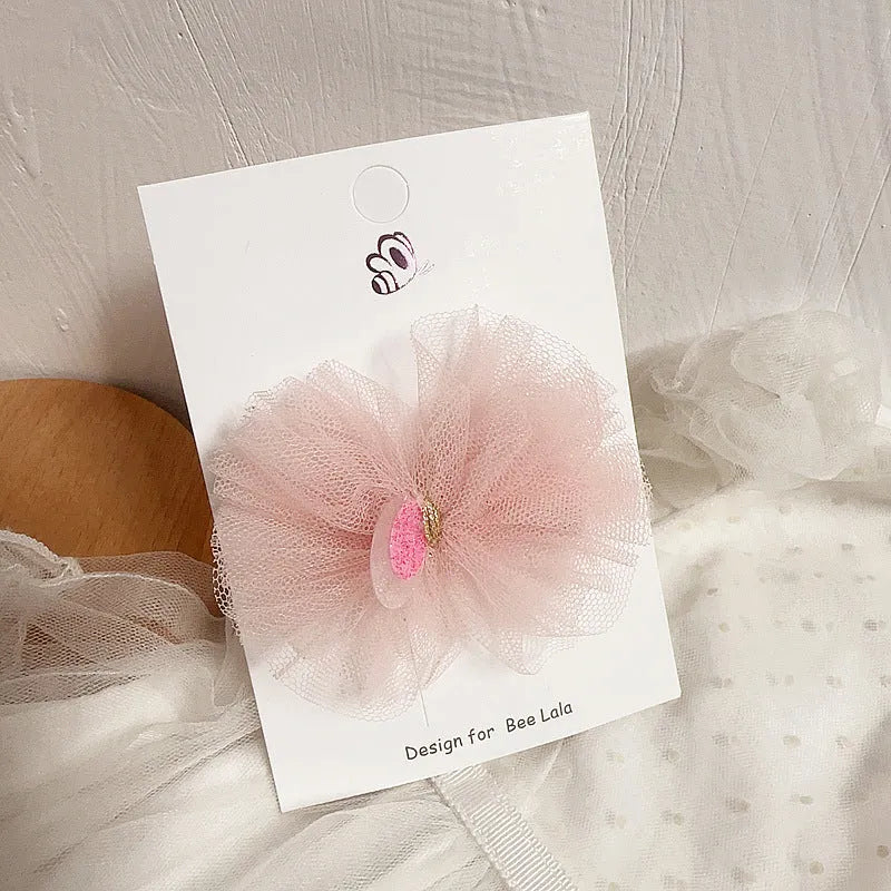 Children's press clip hair accessories set with cloth bows, sequins, pearls, and crystal flowers in pink and beige