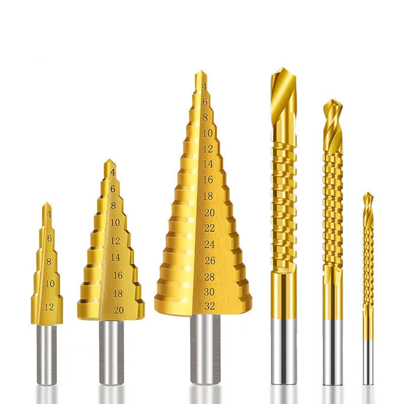 Step drill bit and centre punch set in high speed steel with colour-coded options for metalworking