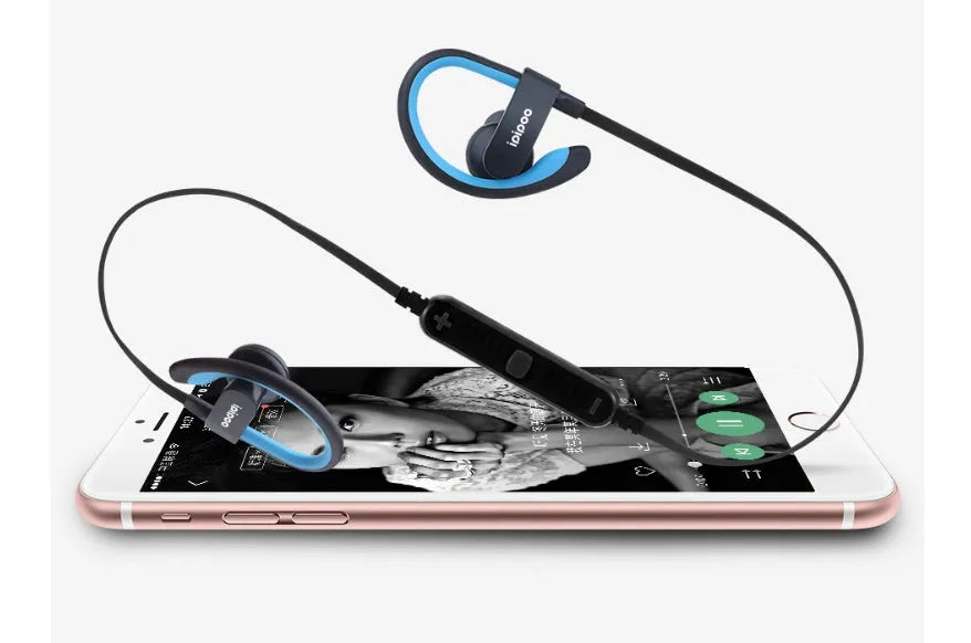 Wireless sports running headphones with Bluetooth 4.0 and battery display in blue colour, earplug style