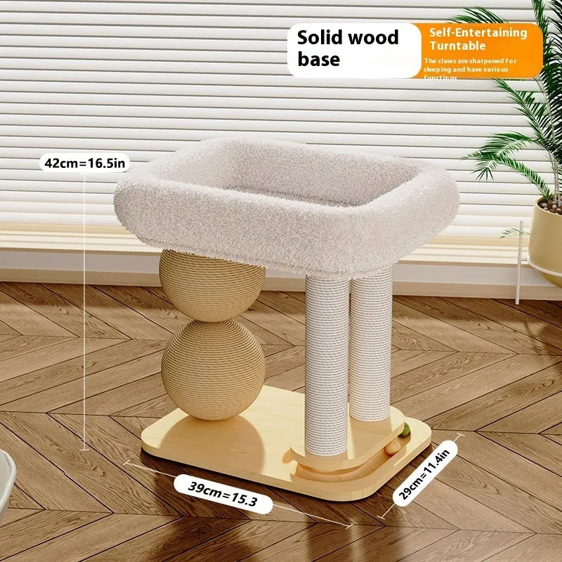Pine wood cat nest with sisal scratching surfaces and double-ball design for feline play and rest
