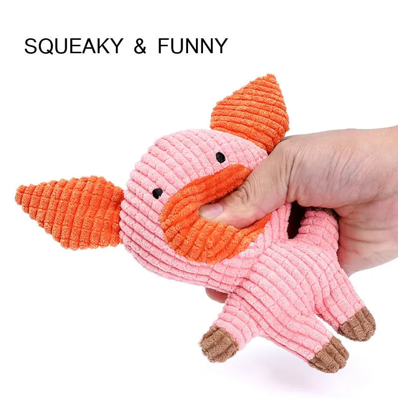Animal shaped plush dog chew toy with squeaker in blue, brown, cow, grey, pink, white or yellow
