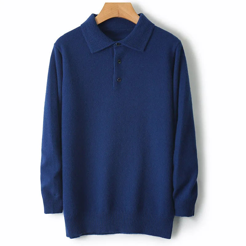 Men's wool polo collar pullover sweater in multiple colours with long sleeves and collage stitching detail.