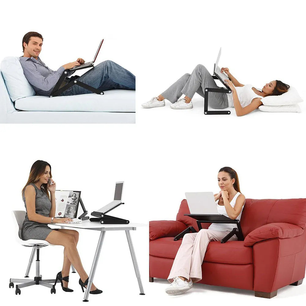 Adjustable black laptop stand desk with mouse pad and USB cooling fan, folded for storage, on a wooden floor