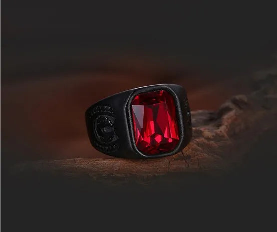 Vintage red stone black alloy ring with geometric electroplated finish, punk gothic style, available in multiple sizes