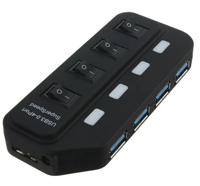 Compact USB 3.0 7-port hub with overload protection, available in EU or US models