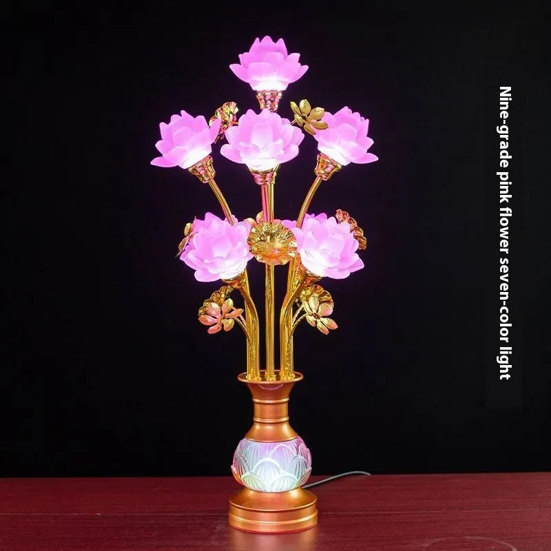 Colored glaze lotus lantern with alloy base, pink floral petals, and LED light for temple worship