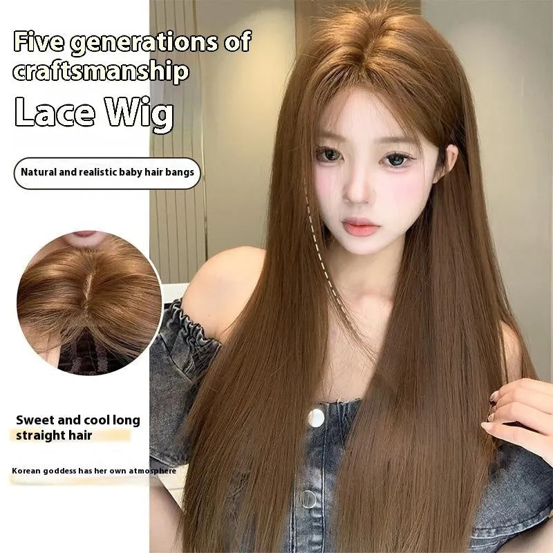 Warm brown long straight wig with centre-parted bangs and a white forehead lace front.