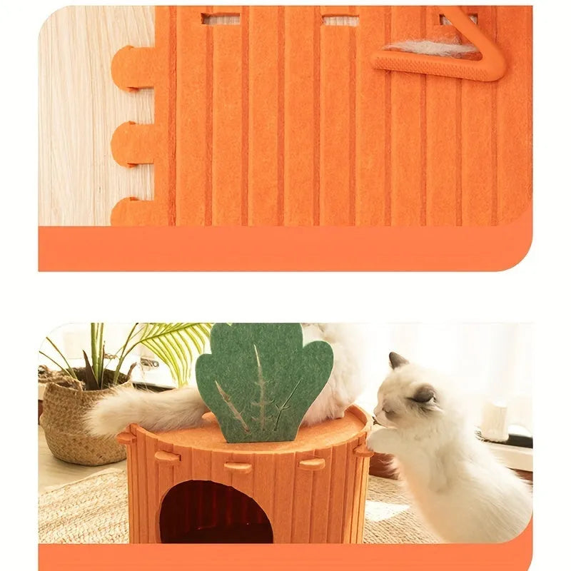 Carrot-shaped felt cat tunnel and semi-enclosed nest for indoor cats, shown in a colour assortment.