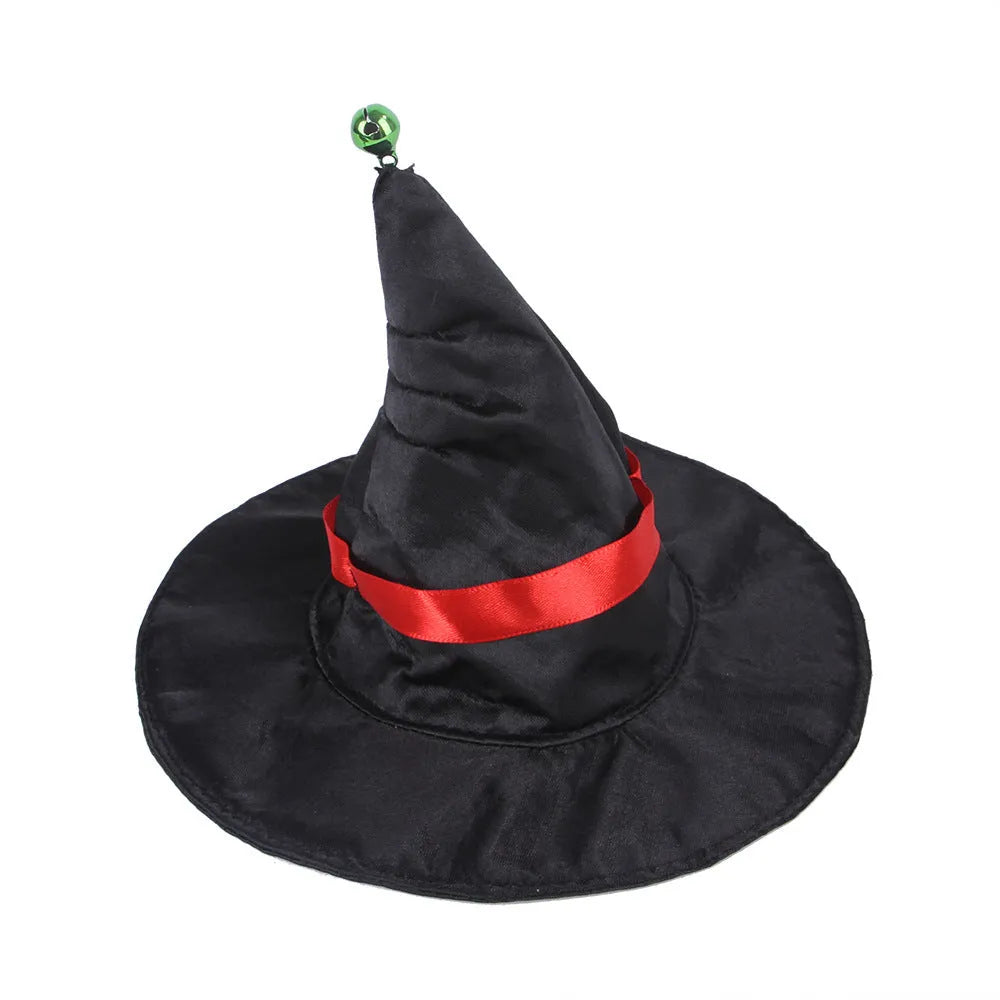 Dog wearing a Halloween cloak suit with a matching hat in a British-style design, available in multiple sizes.