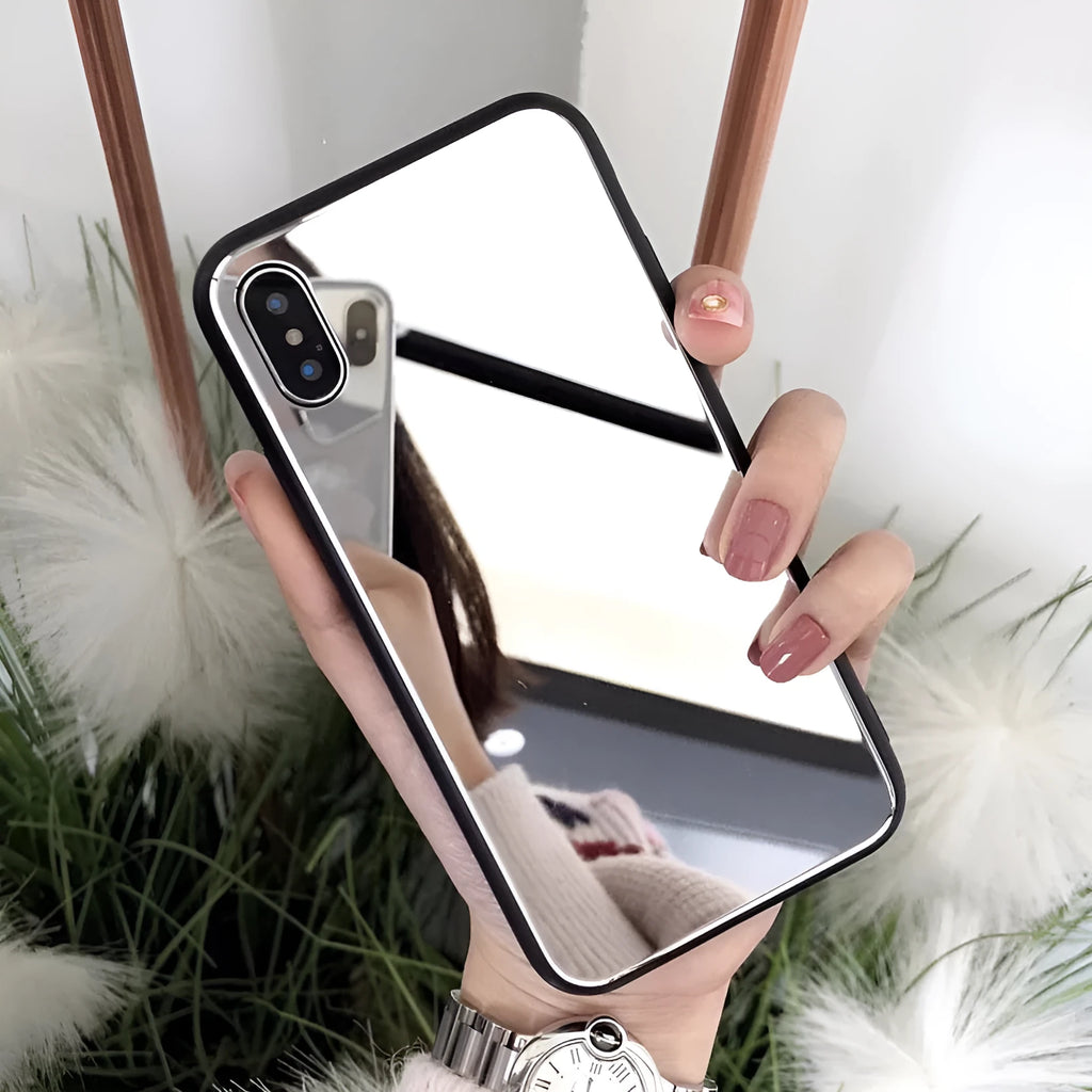 Black iPhone case with a built-in rectangular mirror on the back cover, compatible with iPhone X, 7 Plus, 8 Plus, and 12 models.