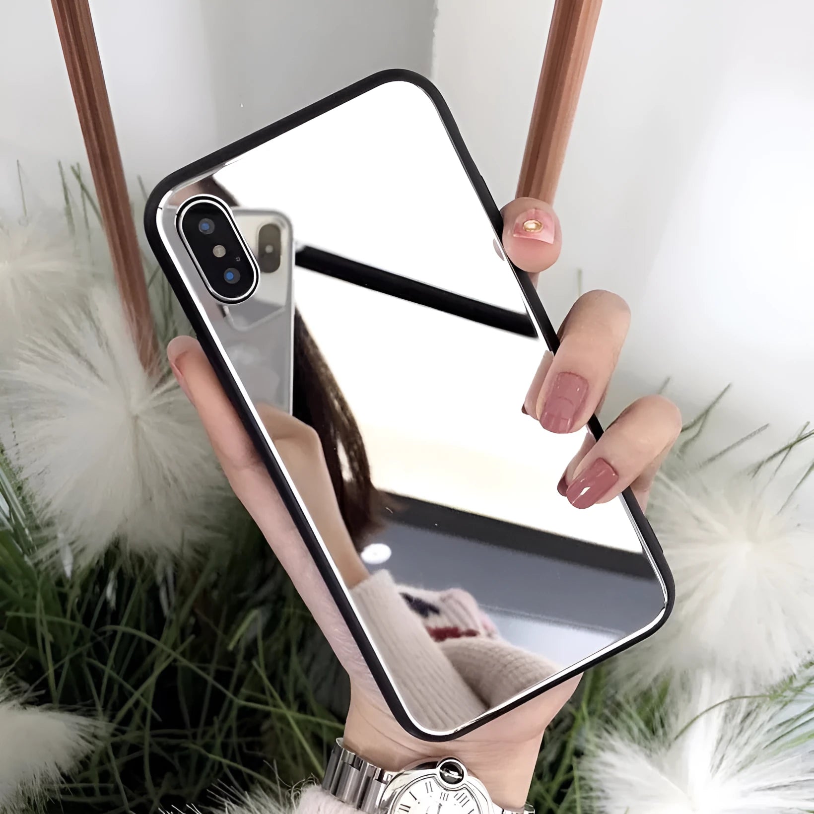 Black iPhone case with a built-in rectangular mirror on the back cover, compatible with iPhone X, 7 Plus, 8 Plus, and 12 models.
