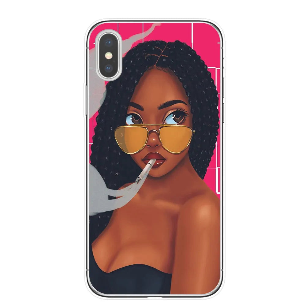 Hand drawn girl girl phone case soft TPU cover for iPhone showing colourful artwork and cutouts