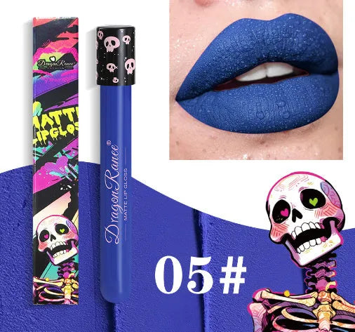 Halloween creative makeup lip gloss in skull-shaped test tube with retro matte gold and silver shades.