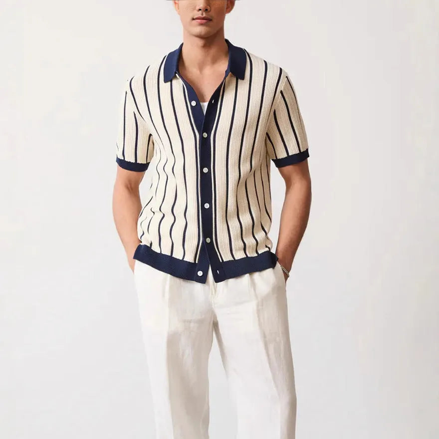 Men's white ice silk knitted short sleeve lapel top with asymmetric stripe pattern