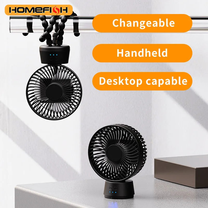 HOMEFISH F2 automatic oscillating stroller fan with LED light and removable mount on a pram.